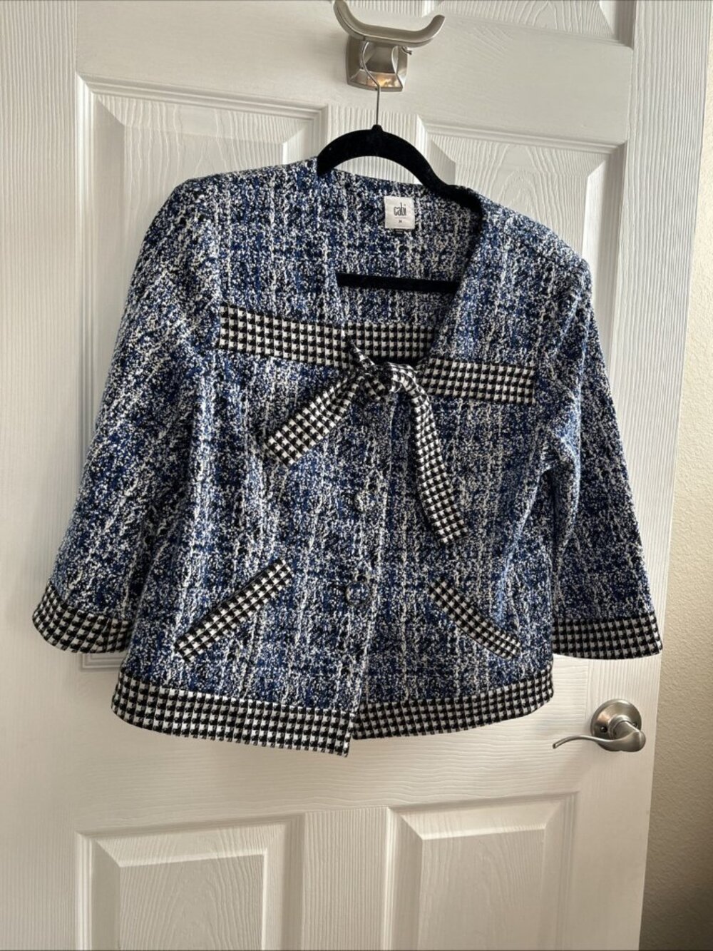Cabi Club Jacket Womens Med. Houndstooth Blue Black Crop 3/4 Sleeve Blazer 5294